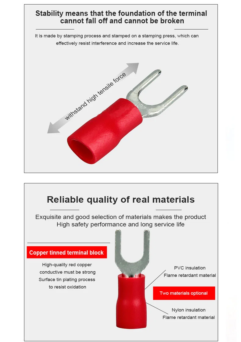 SVN Nylon insulated spade terminals, Continuous spade copper cord end terminal, bolt splice terminal, Spade Terminal, Svn Spade Terminal, Copper Terminal Bolt Cosses à fourche isolées en nylon SVN, Borne d’extrémité de cordon en cuivre à fourche continue, Borne à épissure de boulon, Borne à fourche, Borne à fourche Svn, Boulon de borne en cuivre