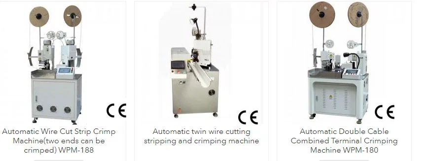 Machines entièrement automatiques pour la coupe, le dénudage et le sertissage de bornes de fils précis.