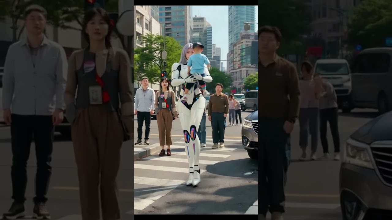 Robot IA futuriste sauve un garçon d'un accident de voiture #IA #Robot #ScienceFiction #TechnologieFuture #VidéoIA #Héros